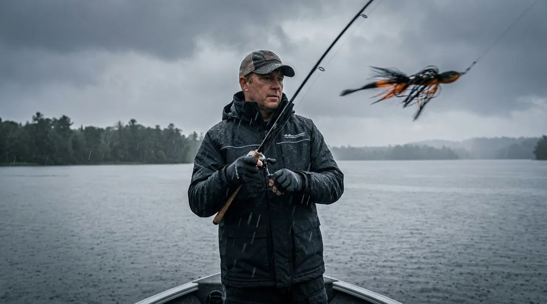 angler in a black waterproof jacket casting a large bucktail musky lure from the bow of a boat under a heavy grey overcast sky, visible rain on the water, moody lake in background