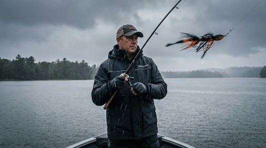 angler in a black waterproof jacket casting a large bucktail musky lure from the bow of a boat under a heavy grey overcast sky, visible rain on the water, moody lake in background