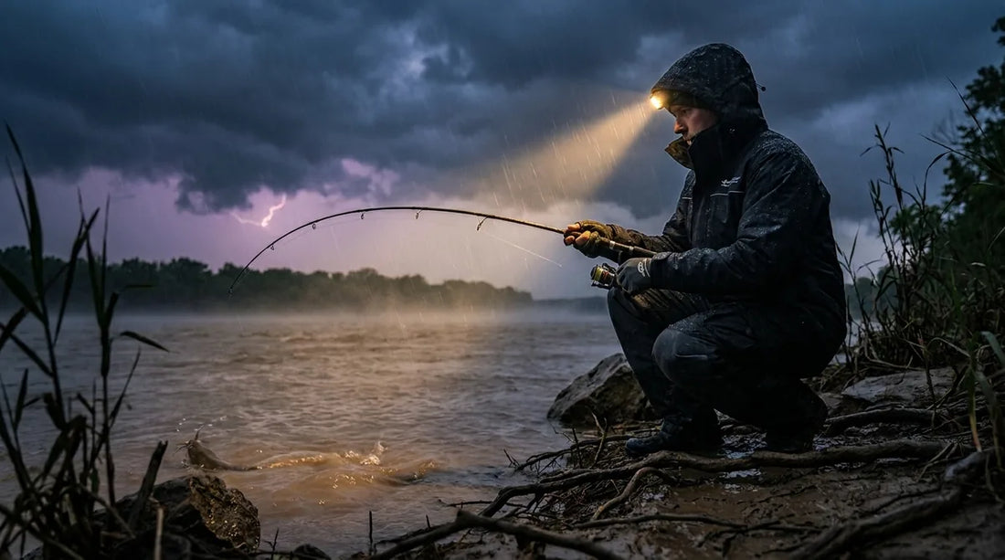 angler crouched on a muddy riverbank at dusk, rod bent against a dark storm sky in the background, headlamp beam cutting through light rain