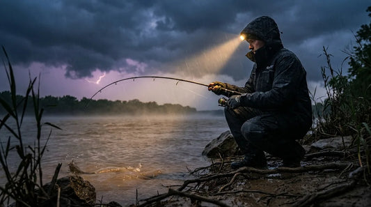 angler crouched on a muddy riverbank at dusk, rod bent against a dark storm sky in the background, headlamp beam cutting through light rain