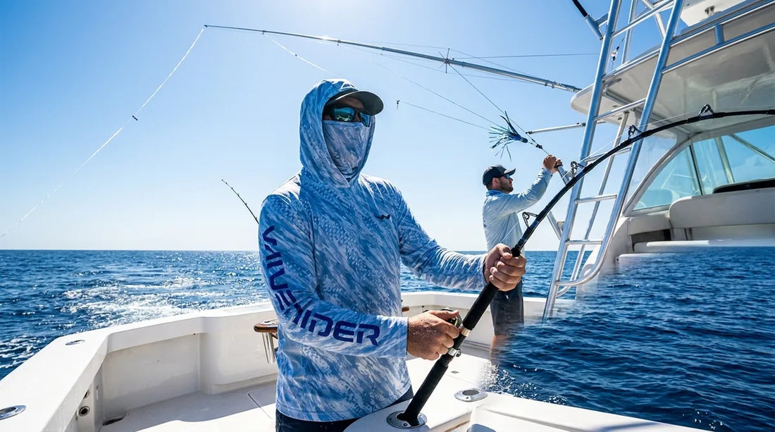 angler and mate on a sportfisher cockpit during a trolling spread, open blue water in all directions, bright overhead midday sun with visible heat haze off the deck