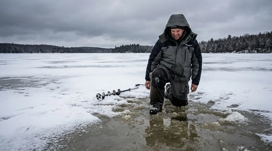 ice angler kneeling on wet, slushy ice surface, visible dark water pooling through snow, overcast winter sky, looking down at soaked boot and pant leg
