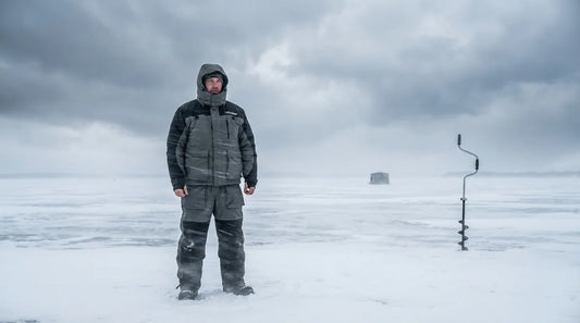 ice angler standing on a frozen lake in near-whiteout conditions, snow blowing across the ice surface, dressed in a full float suit with hood cinched tight, auger beside them, gray overcast sky suggesting extreme cold