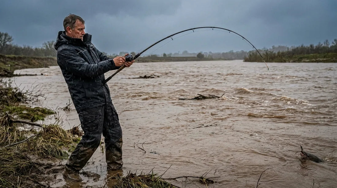 angler in dark rain suit standing on a muddy riverbank battling a bent rod against a rising, chocolate-brown river under heavy overcast sky, rain still falling