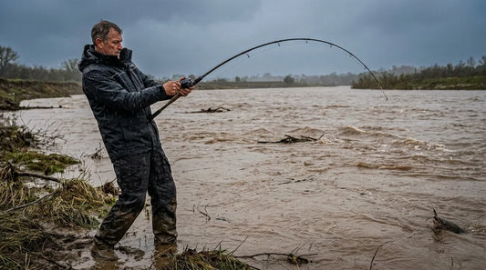 angler in dark rain suit standing on a muddy riverbank battling a bent rod against a rising, chocolate-brown river under heavy overcast sky, rain still falling