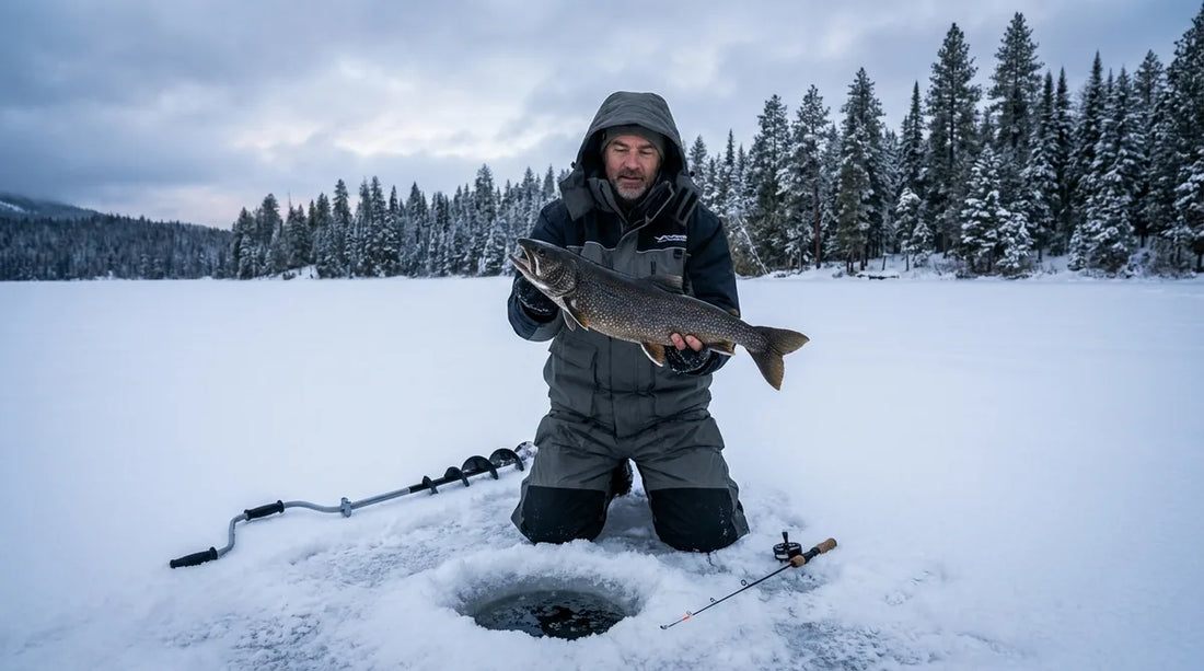angler in float suit kneeling over ice hole on a vast frozen lake in northern Idaho wilderness, snow-covered pines in the background, overcast winter sky, early morning light, fish being held up