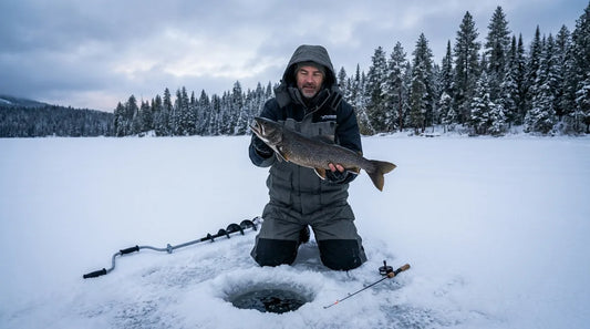 angler in float suit kneeling over ice hole on a vast frozen lake in northern Idaho wilderness, snow-covered pines in the background, overcast winter sky, early morning light, fish being held up