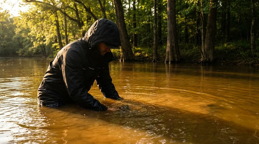 angler waist-deep in murky river water, reaching into a submerged clay bank cavity with both hands, late afternoon light, trees along the bank behind