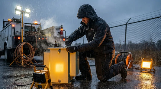 utility crew worker in black rain jacket and bibs kneeling to work on equipment in steady rain on a job site, overcast sky, wet pavement reflecting work lights