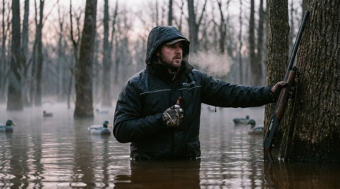 duck hunter sitting motionless in a flooded timber blind at first light, breath visible in cold air, waterproof bibs and jacket visible above the waterline, decoys spread across still water in the background
