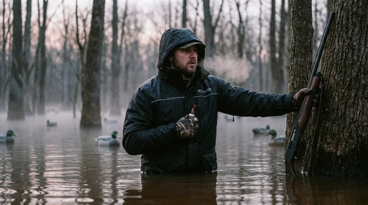 duck hunter sitting motionless in a flooded timber blind at first light, breath visible in cold air, waterproof bibs and jacket visible above the waterline, decoys spread across still water in the background