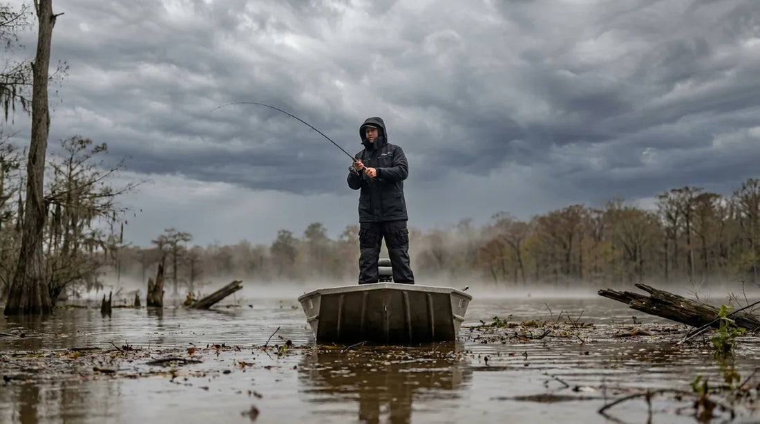 angler in rain gear casting to flooded timber and brush in rising backwater, overcast stormy sky, brown water with debris