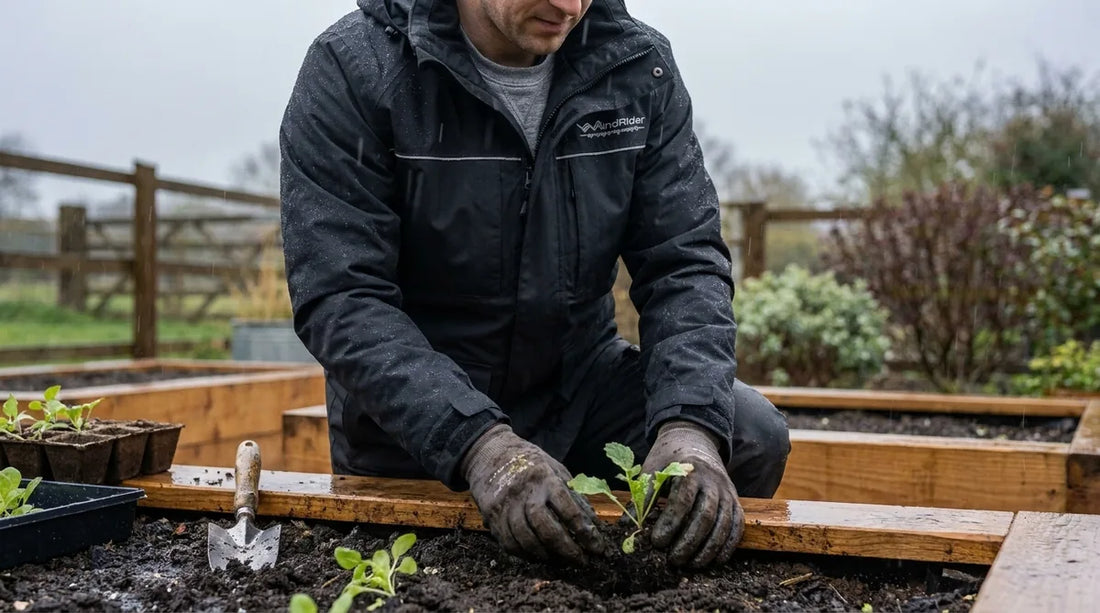 gardener in a waterproof black rain jacket kneeling in a raised garden bed, transplanting seedlings during a light rain, overcast sky, wet soil visible on gloved hands