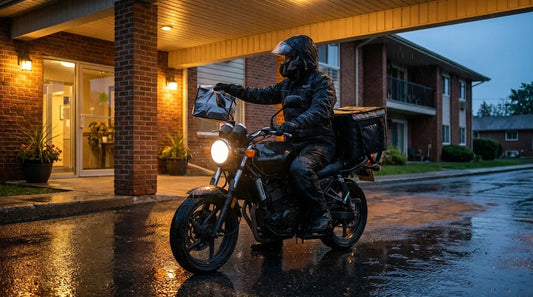 delivery rider on a motorcycle in full rain gear, insulated delivery bag strapped to the back, stopped at a rain-soaked apartment building entrance at dusk handing off an order