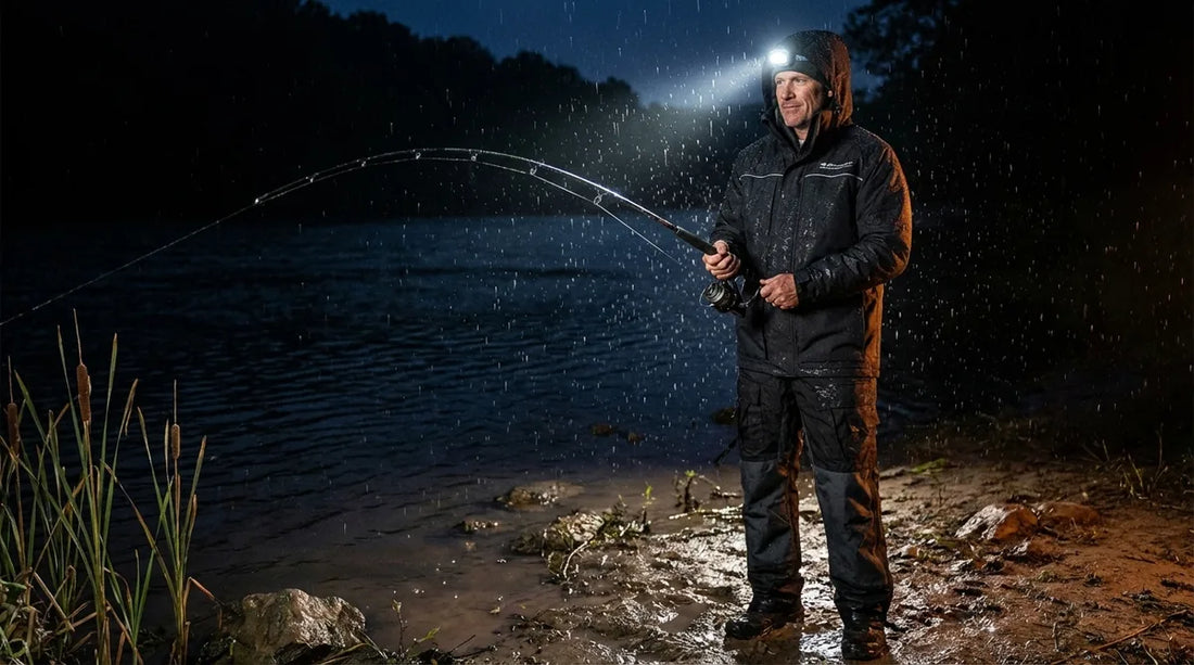 angler standing on riverbank at night in rain gear, rain falling under headlamp beam, holding catfish rod, dark water behind