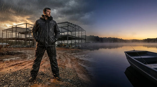 construction worker in black rain suit standing at the edge of a job site, rain pouring, late afternoon light, transitioning to a fishing scene on a lake at dawn