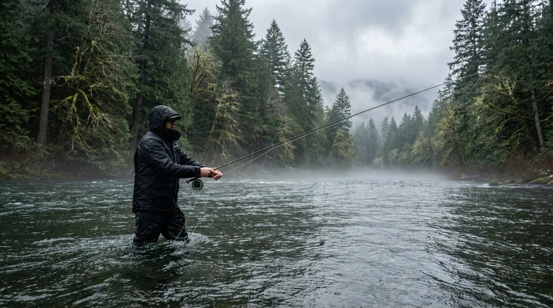 angler standing mid-river in heavy rain casting for salmon, dense Pacific Northwest forest backdrop, overcast grey sky with mist rising off the water