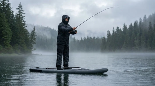 angler standing on a SUP paddleboard casting a fishing rod on a misty lake, light rain falling, wearing a fitted waterproof rain jacket, paddle resting across the board