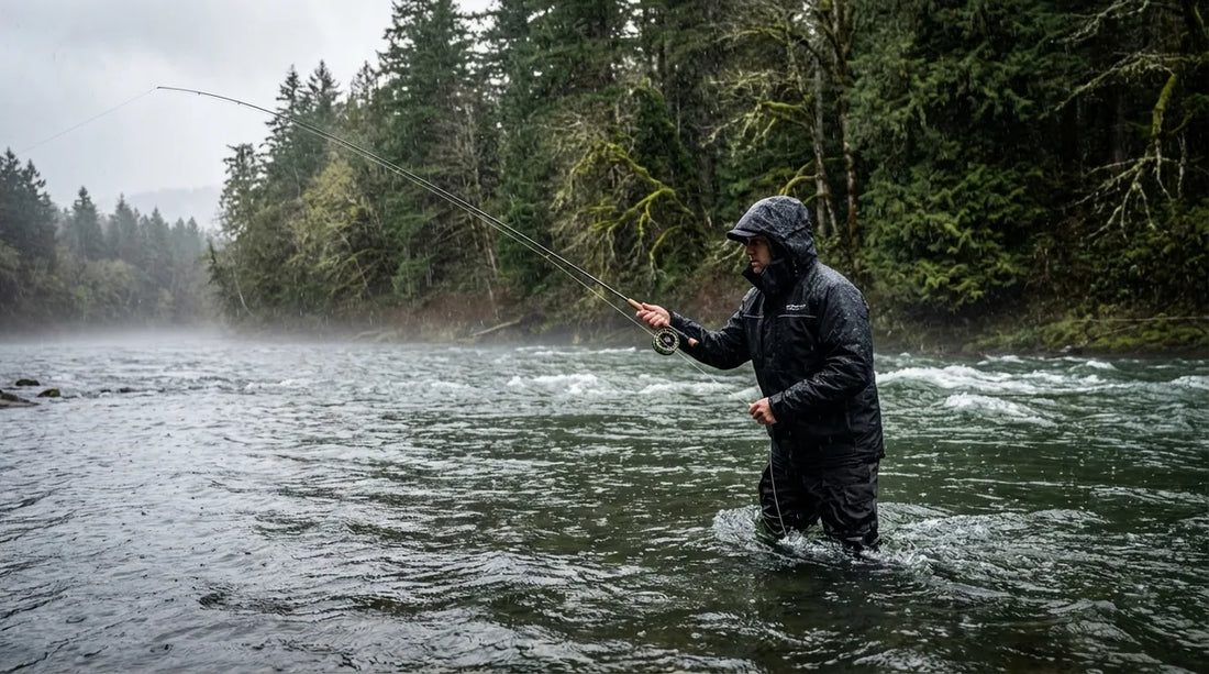 angler wading a wide, fast-moving winter river in heavy grey rain, dense evergreen forest on far bank, casting a two-handed rod with water droplets visible in the air