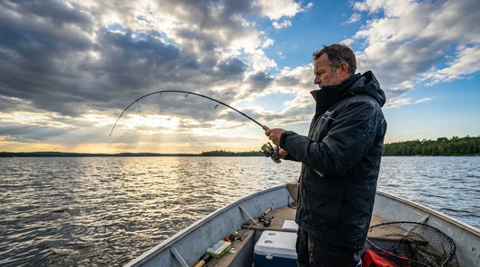 angler on open water boat in partially cloudy conditions, wearing rain jacket with sun breaking through clouds over the water, rod bent with fish on the line