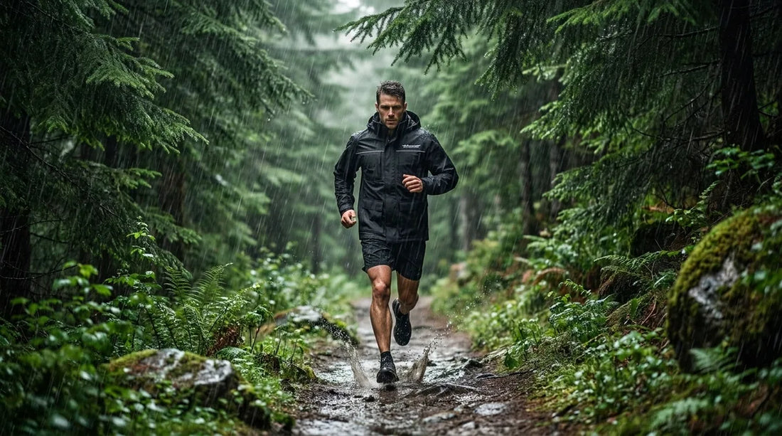 trail runner mid-stride on a wet, muddy forest singletrack in a black waterproof jacket, rain visibly falling, dark green canopy overhead, water splashing off the trail