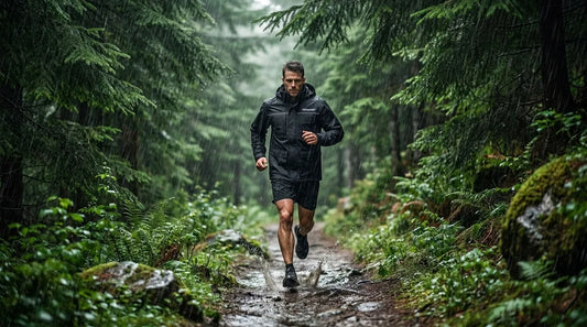 trail runner mid-stride on a wet, muddy forest singletrack in a black waterproof jacket, rain visibly falling, dark green canopy overhead, water splashing off the trail