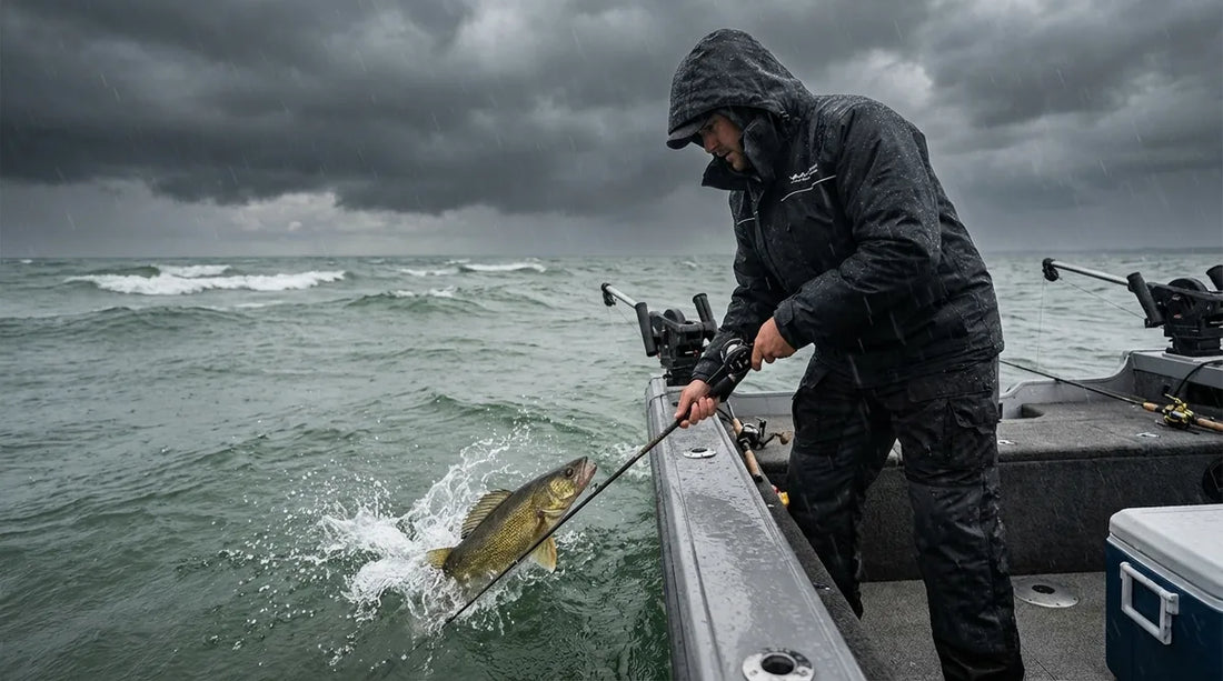 angler on open Great Lakes trolling boat in heavy rain, wearing full rain suit, pulling a walleye over the gunwale, dark grey storm sky, whitecaps in background