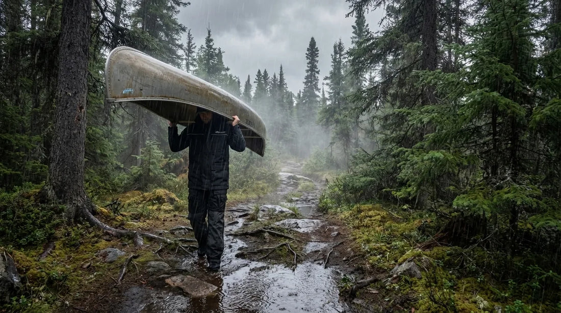 angler in full rain suit portaging a canoe through a misty boreal forest trail, overcast sky, dense spruce trees, rain visible in the air