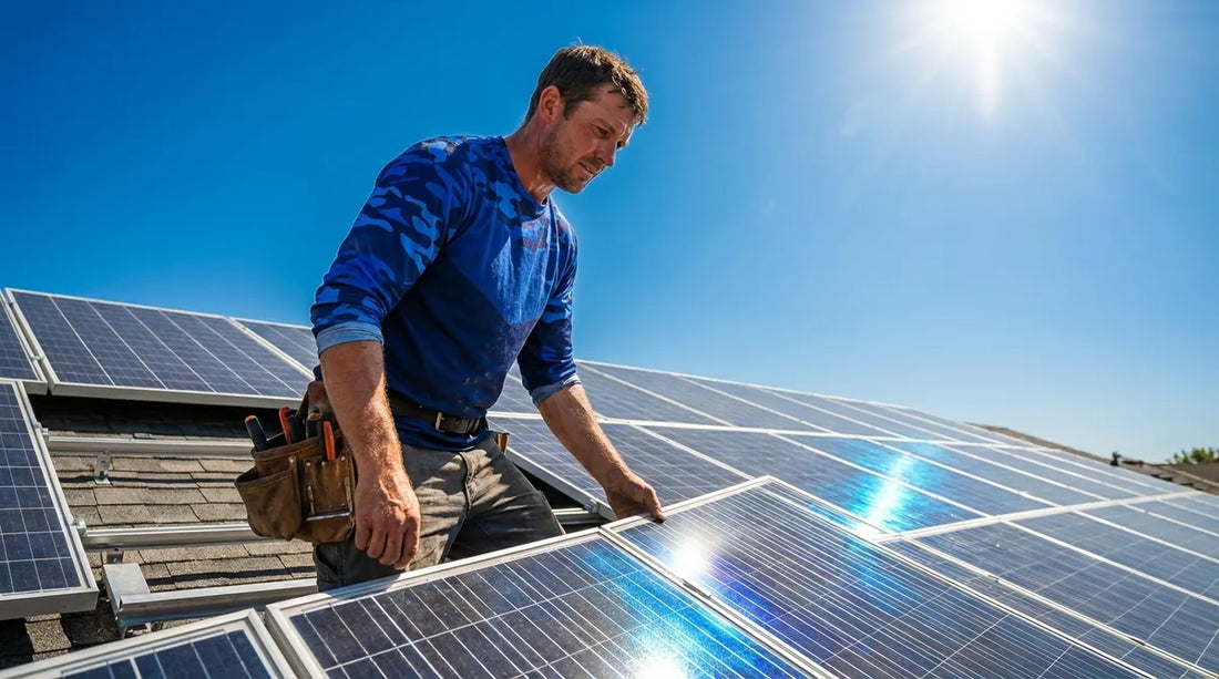solar panel installer in white long-sleeve UPF shirt working on rooftop solar array, bright midday summer sun, blue sky background, panels reflecting light