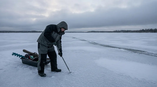 solo angler alone on a frozen lake at dawn, checking gear and testing ice with a spud bar before walking further out, overcast winter sky