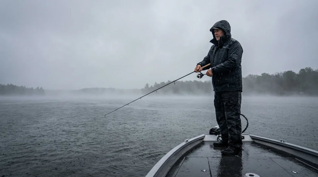 angler on open bass boat in cold April rain, wearing full waterproof rain gear, casting rod under dark overcast sky, light mist on the water
