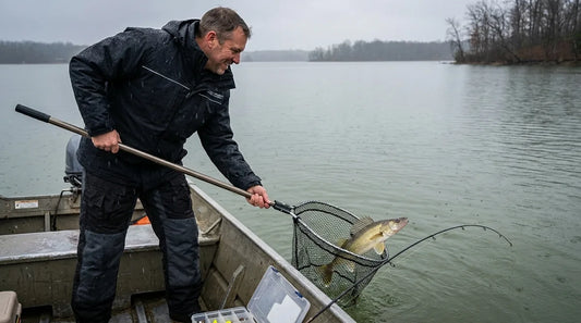 angler in an aluminum boat on a grey, drizzly freshwater lake, net in hand as a walleye comes boatside in overcast spring light