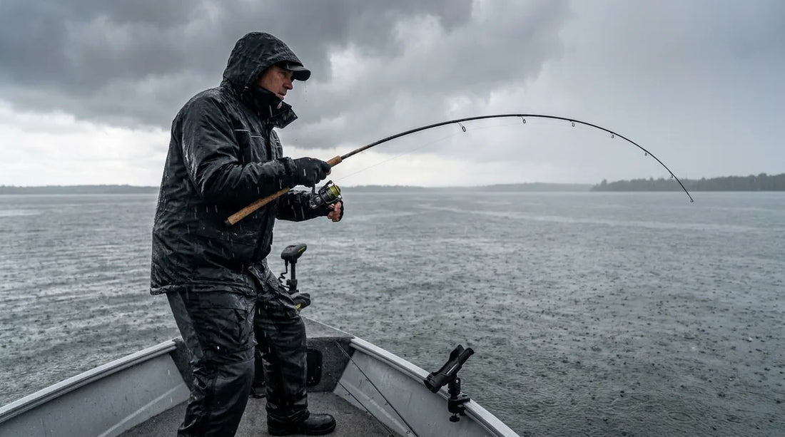 angler in full rain gear standing at the bow of a boat on a grey overcast lake, rod bent, rain falling visibly on the water around him