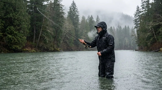 lone angler standing thigh-deep in a cold, rain-swollen Pacific Northwest river in early spring, steady rain falling, evergreen slopes and grey overcast sky behind, rod arced into a swing, breath visible in the cold air