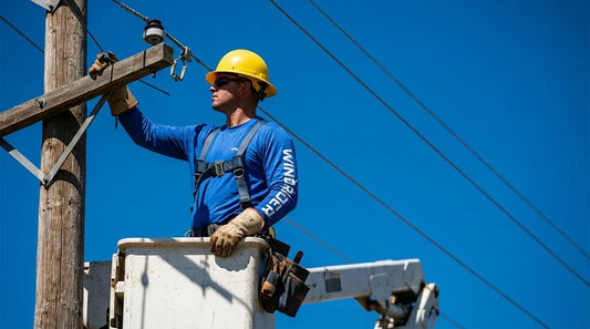 utility lineman working from a bucket truck on a distribution pole under bright midday sun, wearing a long-sleeve sun shirt, hard hat, and safety harness, blue sky and power lines in the background