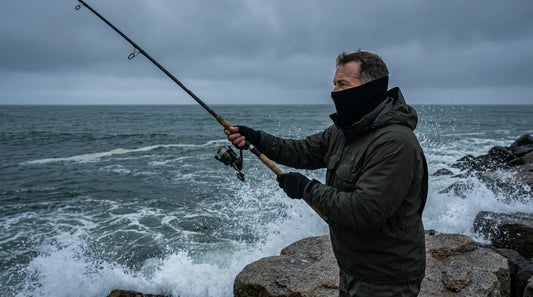 angler standing on a rocky jetty at dawn in late fall, wind whipping the water into whitecaps, neck gaiter pulled up over the lower face, mid-cast into breaking surf under a moody grey sky
