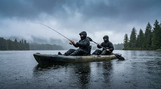 two anglers in a tandem kayak on a rainy lake, bow angler facing forward casting a rod, stern angler paddling with water droplets visible in the air, overcast sky