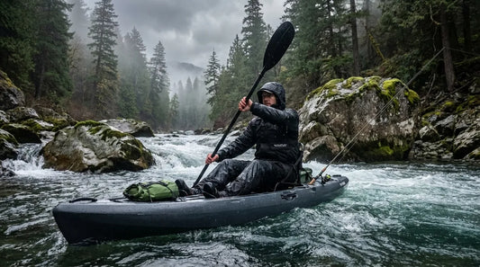 Angler in a rain jacket paddling a kayak through a rocky river run