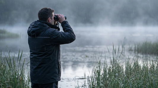birdwatcher in dark rain jacket standing motionless at edge of misty wetland at dawn, binoculars raised, soft grey light, rain visible in the air
