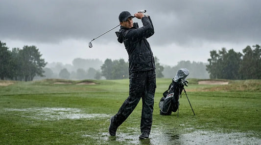 golfer mid-follow-through on a rain-soaked fairway, overcast grey sky, water visibly beading off a waterproof jacket, golf bag with rain hood in background