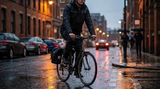cyclist commuting on a city street in steady rain, wearing a waterproof jacket, water beading off the shoulders, wet pavement reflecting streetlights, riding a commuter bike with panniers