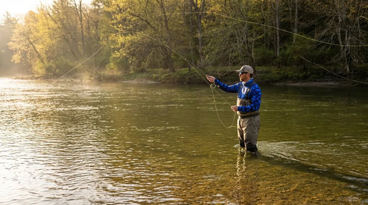 angler in chest waders standing in a tidal river, spring morning light, shallow moving water, casting upstream for striped bass, long sleeve UPF sun shirt visible