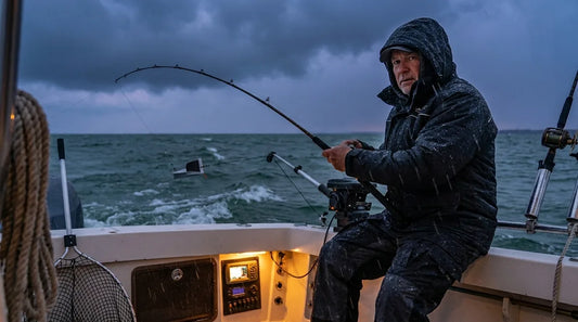 angler on an open Great Lakes boat at dusk, working a planer board rod while cold rain and lake spray blow across the deck, dark storm clouds and choppy gray water in the background