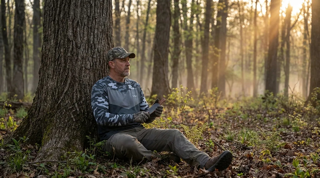 turkey hunter in earth-tone UPF long sleeve shirt seated against a tree at wood's edge in early morning spring light, holding a call, forearms and neck covered