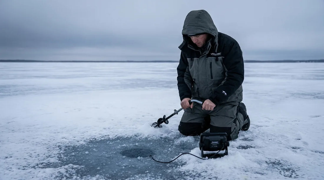 angler drilling through thick mid-winter ice on a large open lake, no shelter visible, sonar unit mounted beside the hole, grey overcast sky