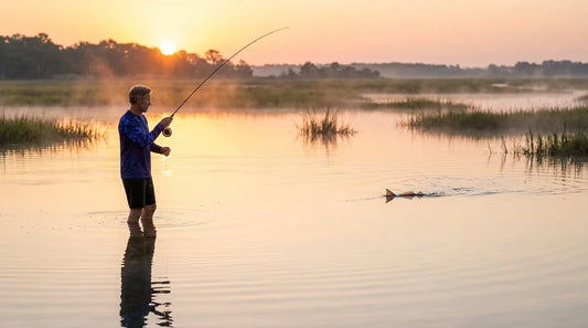 angler wading a shallow grass flat at first light, low golden sun on the horizon, rod raised mid-cast toward a tailing redfish, calm glassy water reflecting the sky