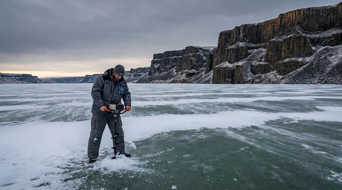 angler on frozen Banks Lake drilling an ice hole at dawn, vast desert landscape in background, canyon walls visible, gray winter sky