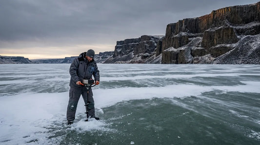 angler on frozen Banks Lake drilling an ice hole at dawn, vast desert landscape in background, canyon walls visible, gray winter sky