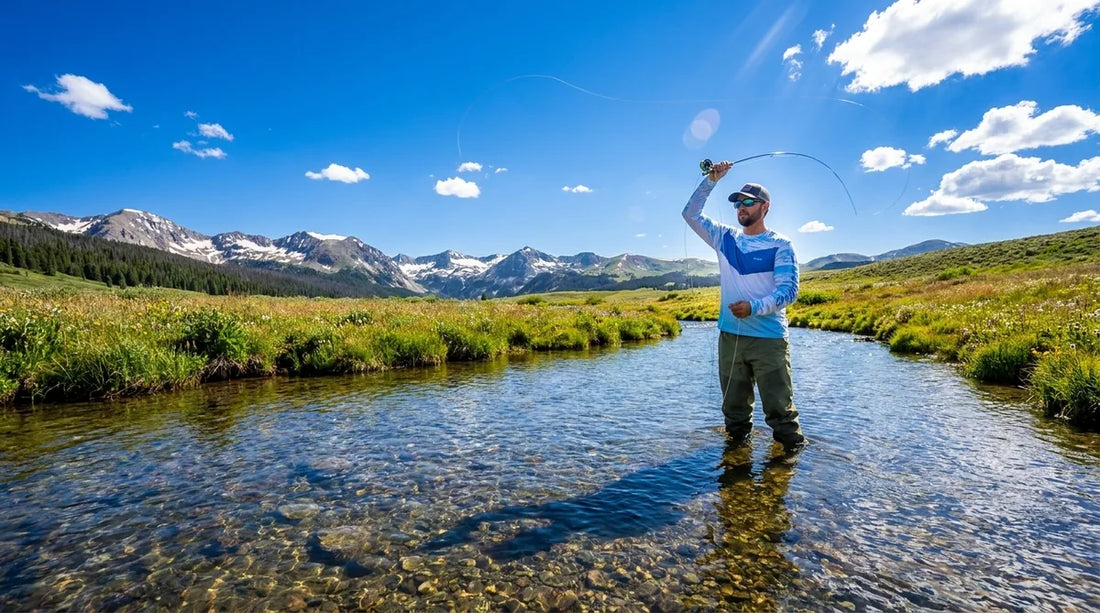 fly fisherman wading a clear mountain stream in full sun, casting with a long-sleeve UPF shirt, alpine meadow background, midday light