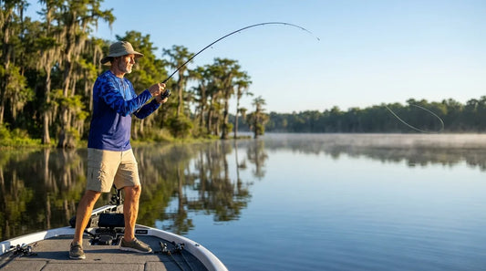 angler in long sleeve fishing shirt casting from a bass boat on a calm lake, bright summer morning sun, blue sky reflection on water